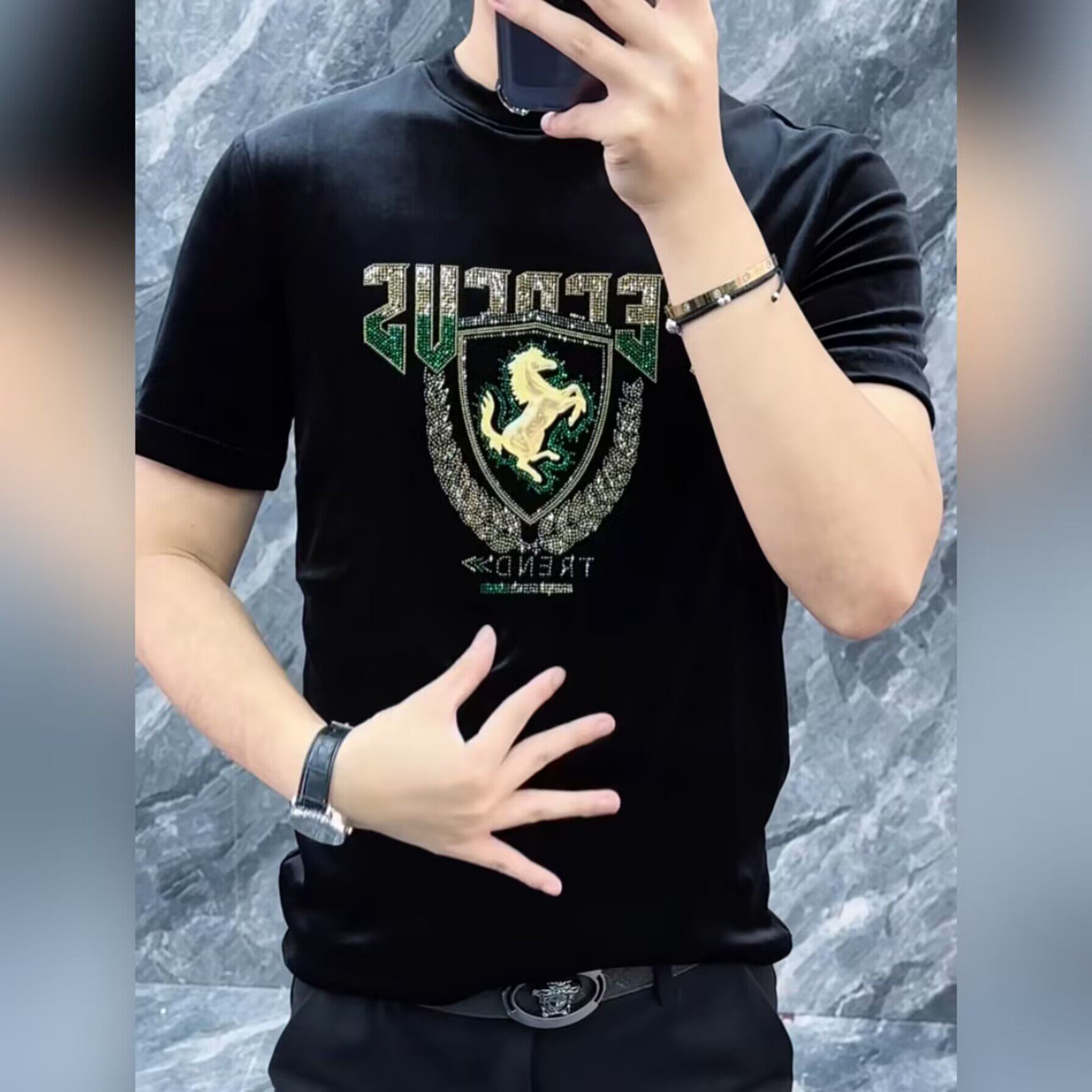 【现货】6260春季新款男士烫钻金丝绒圆领半袖T恤 潮牌简约短袖男