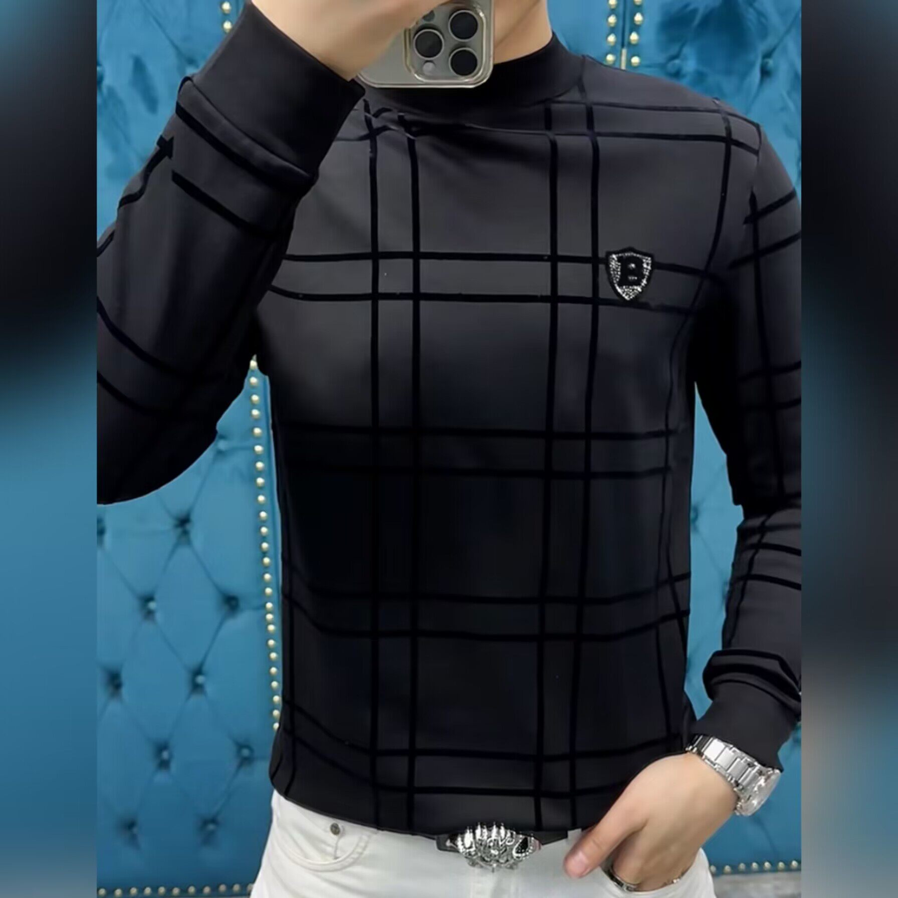 【现货】男士秋季黑色圆领烫钻小衫精品长袖T恤百搭卫衣打底衫