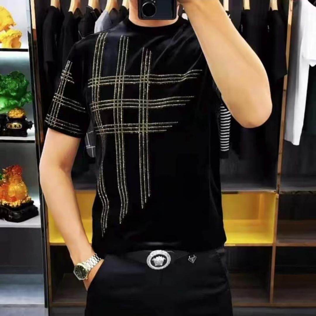 【现货】2610男士金丝绒上衣短袖潮流时尚烫钻打底衫新款百搭