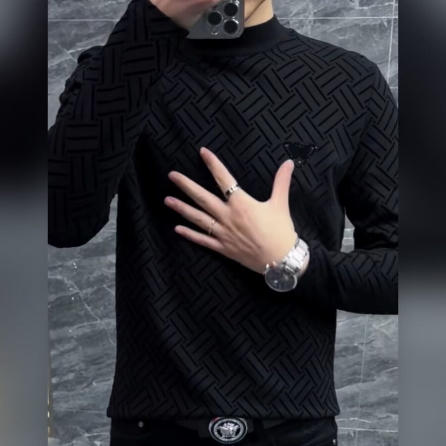 （现货）男士春季黑色圆领植绒小衫精品欧货长袖T恤衫保暖打底衫