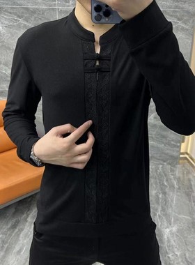 【现货】23288男士新品盘扣唐装小衫修身弹力欧货中国风T恤衫