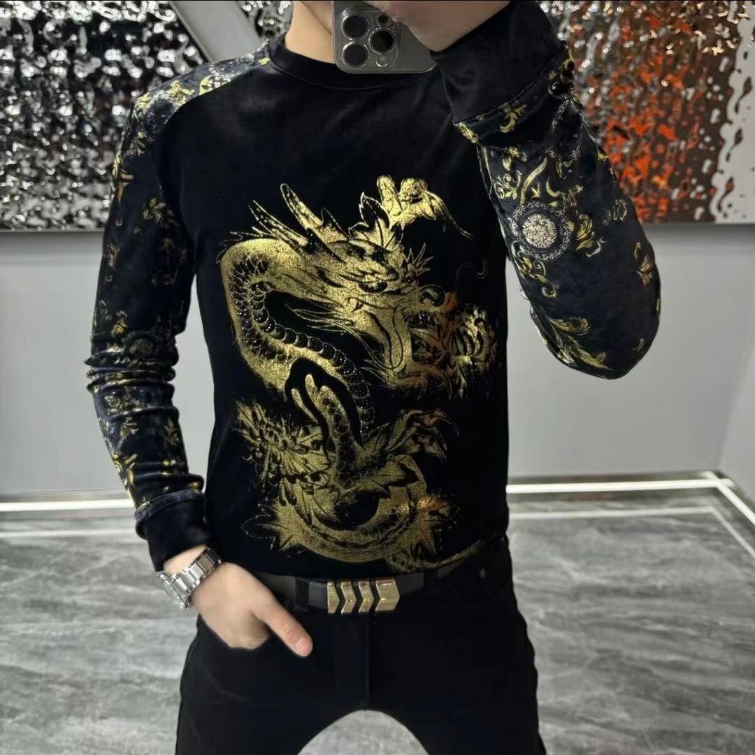 【现货】23218男士新品金丝绒烫钻小衫轻奢欧货长袖黑色圆领T恤衫