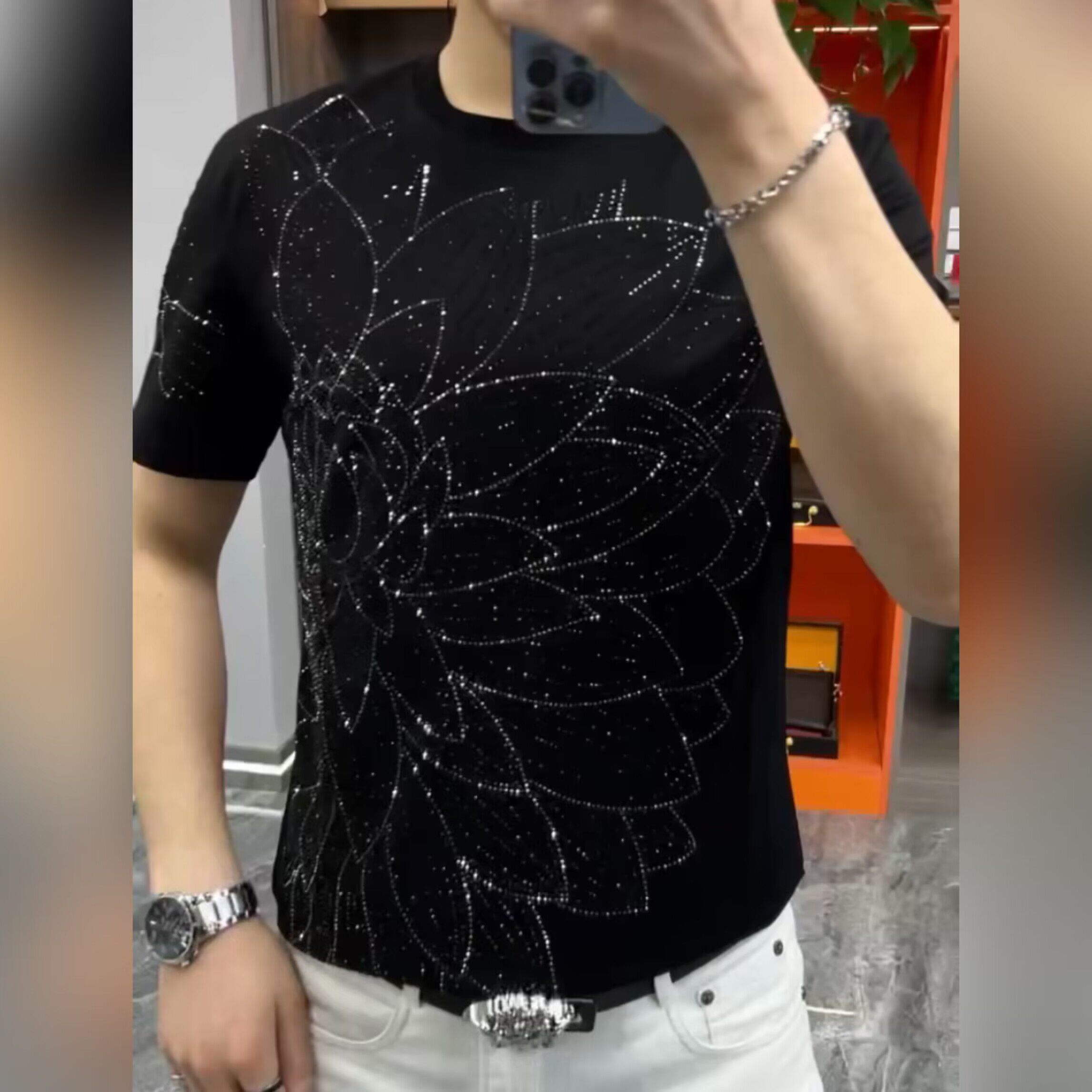 （现货）男士夏季烫钻丝光棉短袖欧货时尚黑色圆领修身薄款T恤衫
