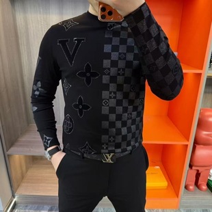 男士 长袖 2618新款 丝光棉潮流T恤打底精品印花高领时尚 现货