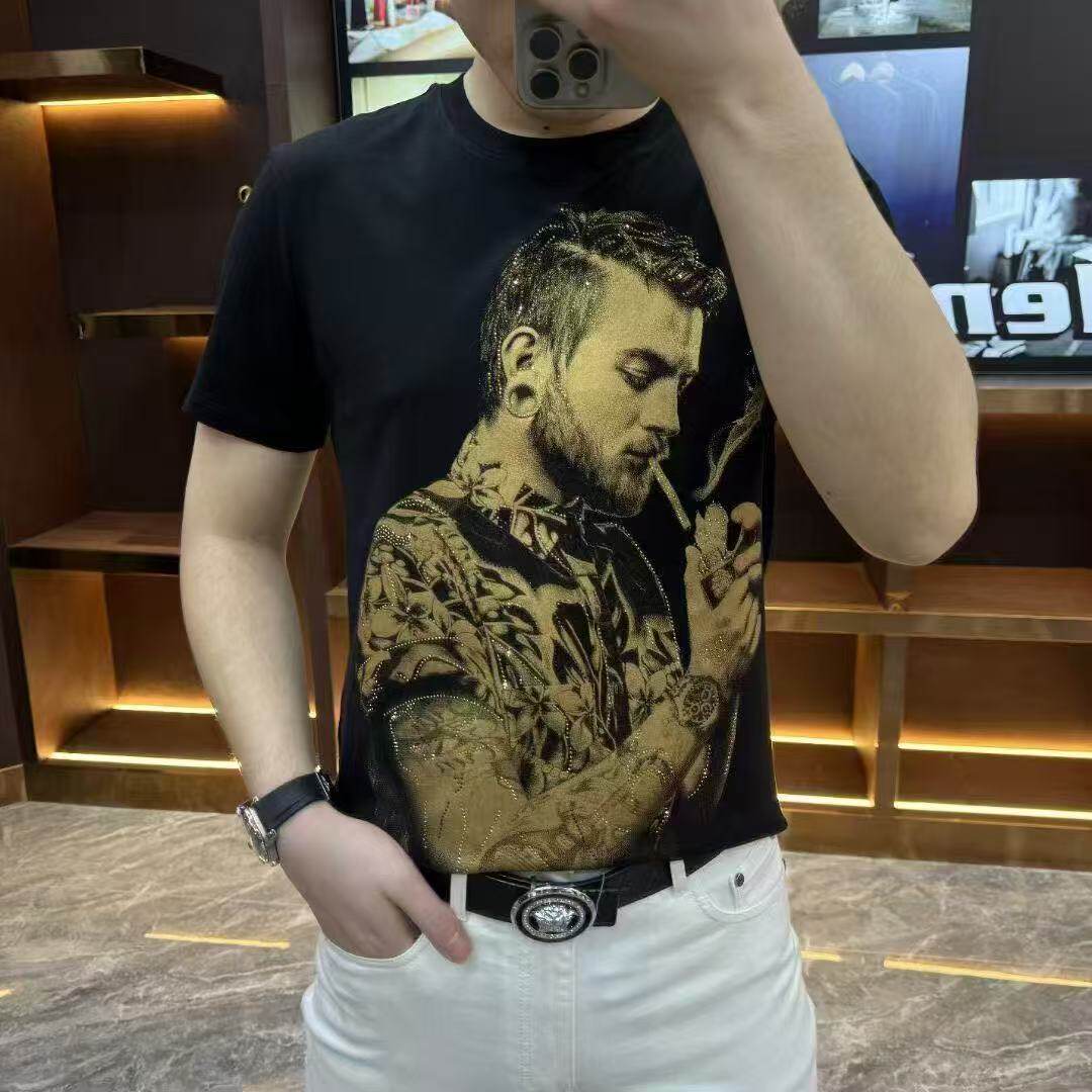 【现货】68230夏季新款圆领男士T恤短袖休闲烫钻印花潮流舒适百搭