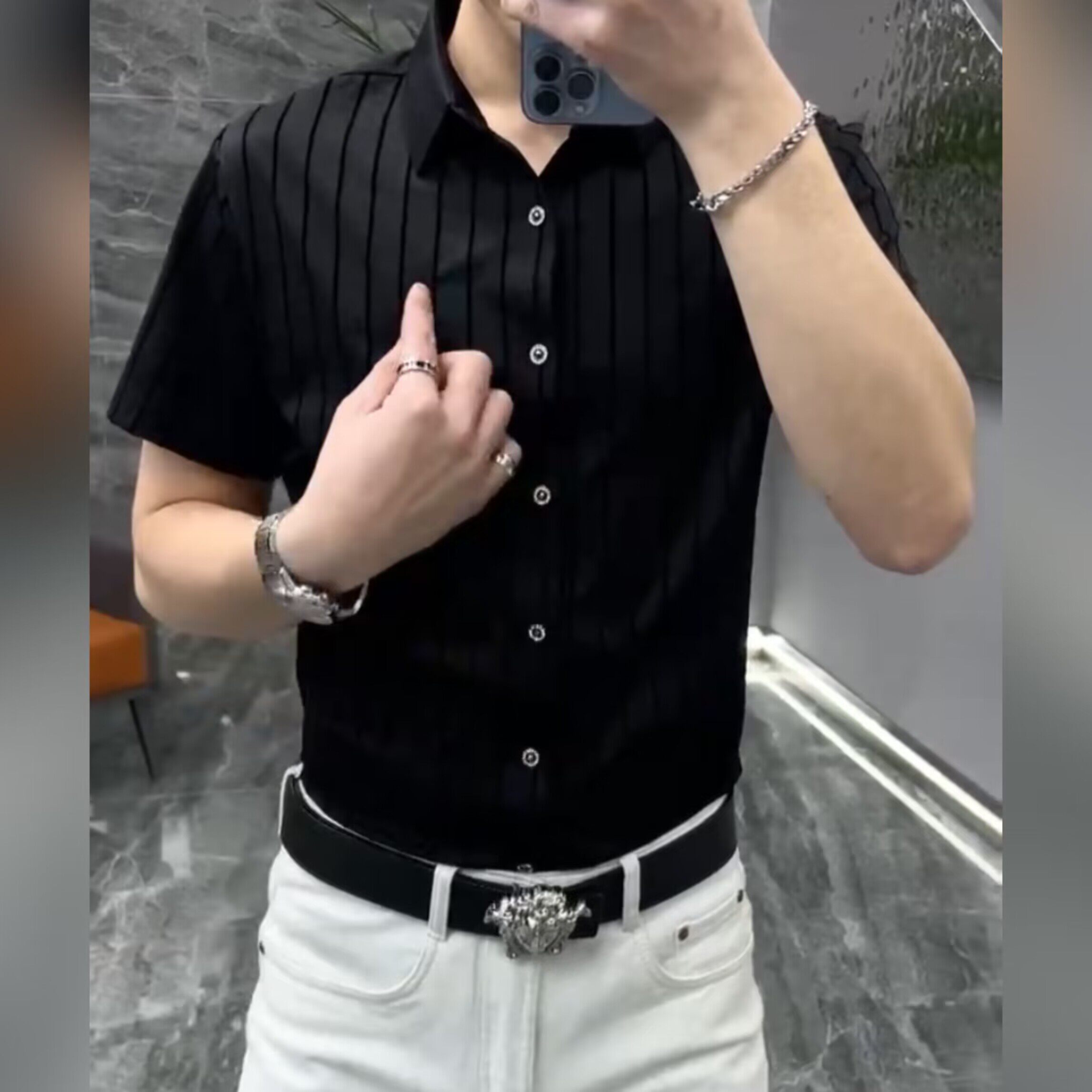 （现货）男士夏季新款时尚修身翻领短袖商务休闲半袖T条纹polo衫