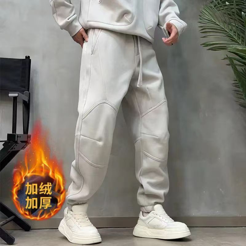 【现货】W3382厚款加绒加厚款纯色男士冬季保暖宽松卫裤中腰加绒