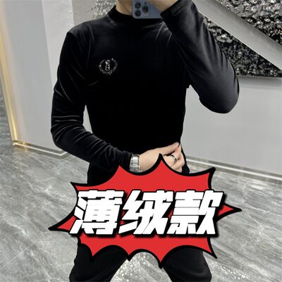 【现货】 23196秋冬新款高档金丝绒长袖T恤个性烫钻修身百搭舒适