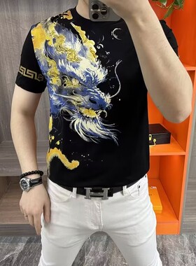 【现货】68160休闲男装圆领商务修身春夏短袖时尚t恤夏季烫金T恤