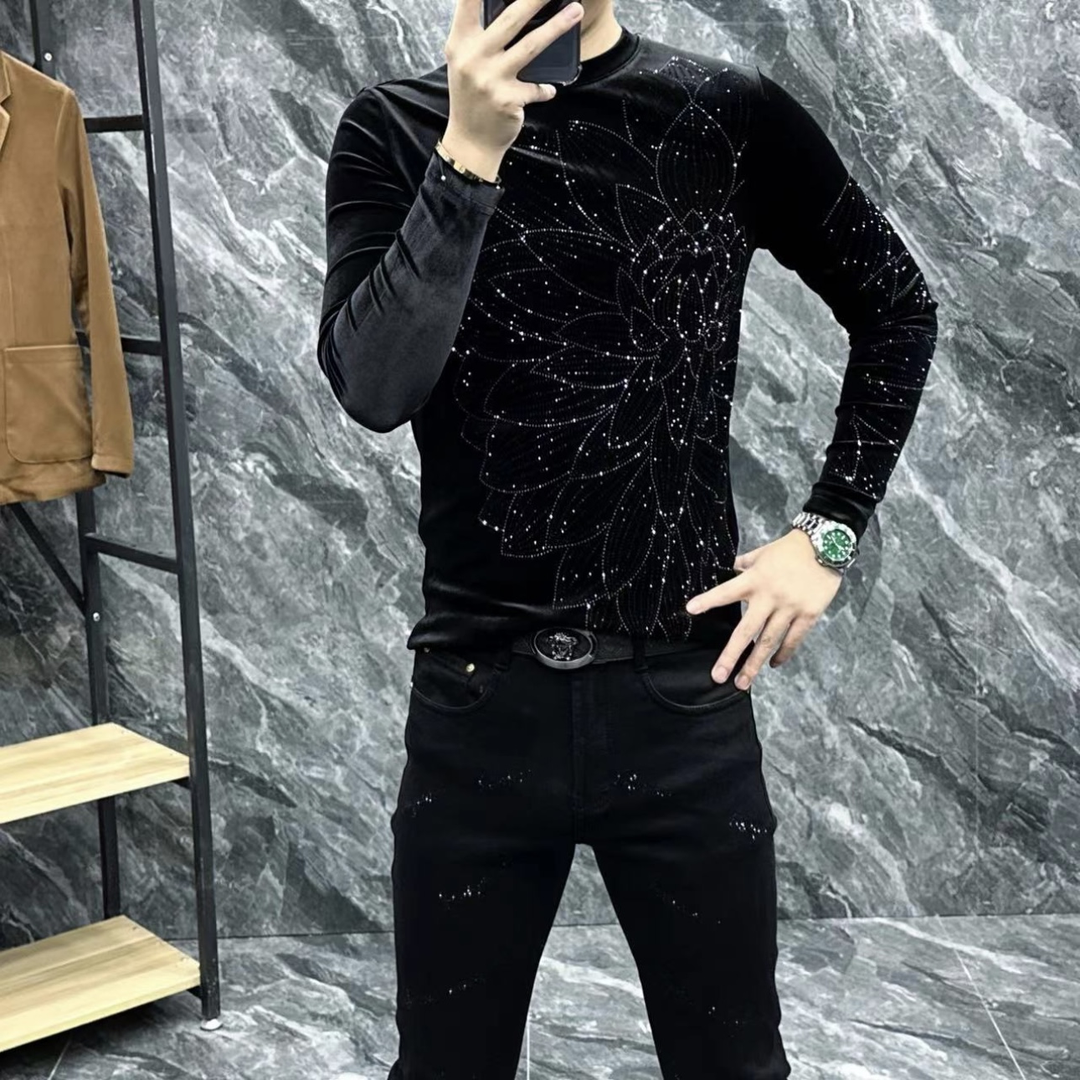 【现货】3912百搭圆领金丝绒男士春季新款修身长袖T恤烫钻打底衫