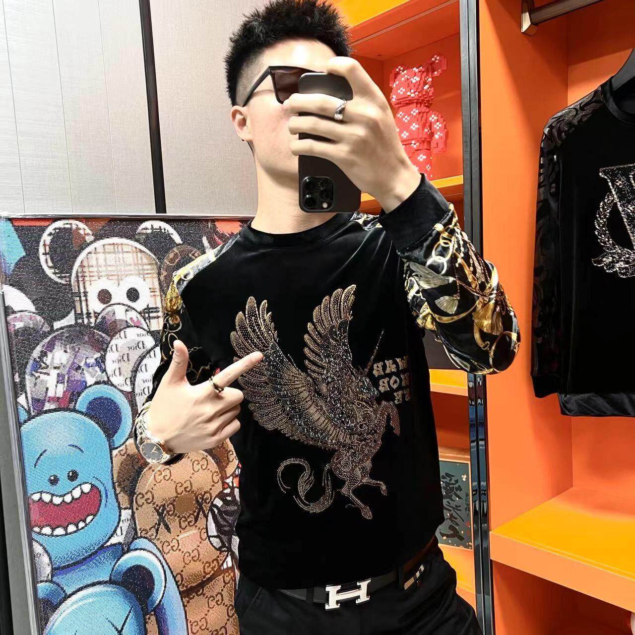 【现货】6238男士潮流春季欧货金丝绒t恤小衫打底衫烫钻上衣卫衣