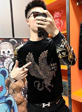 【现货】6238男士潮流春季欧货金丝绒t恤小衫打底衫烫钻上衣卫衣