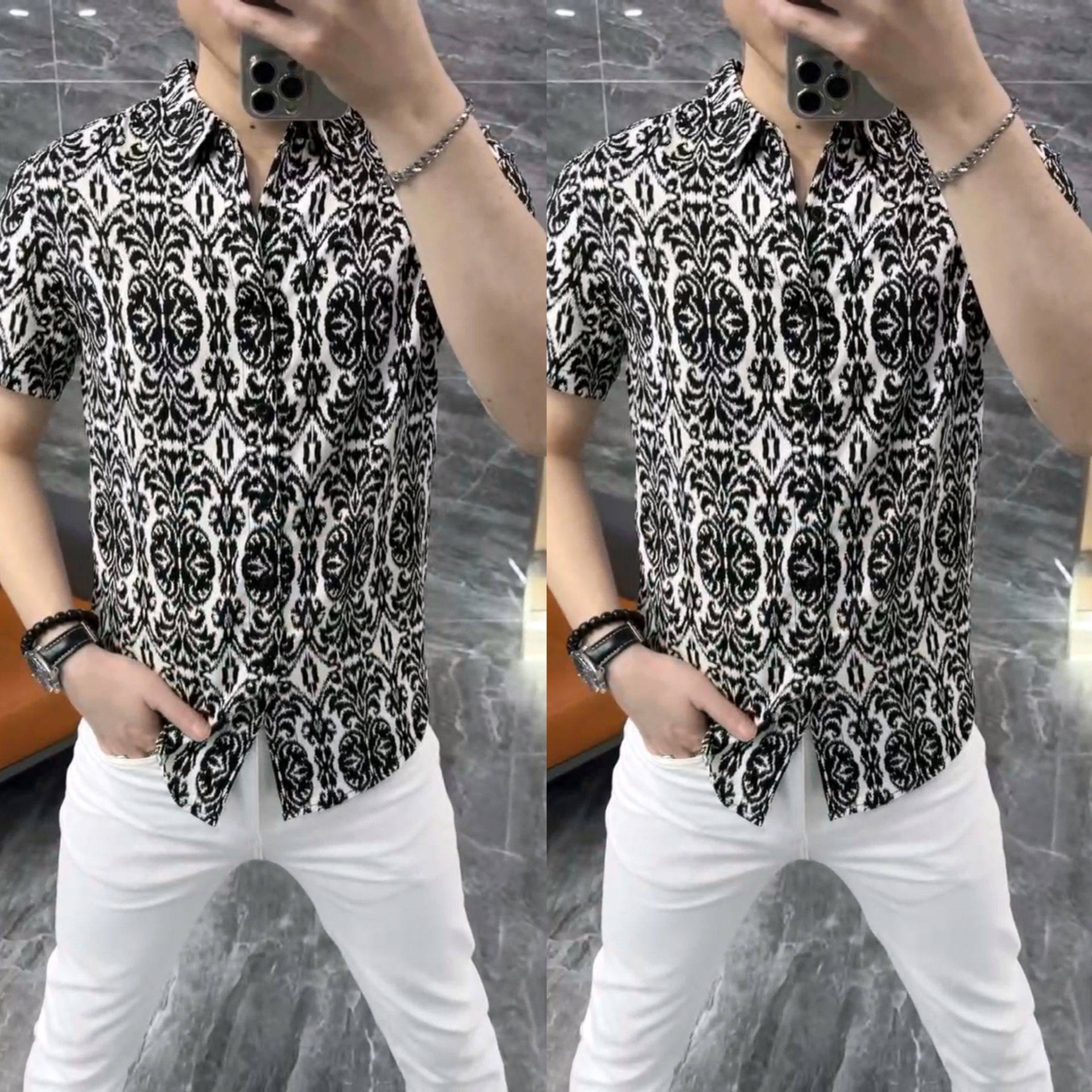 【现货】2100夏季新款男士短袖衬衫个性印花休闲百搭时尚修身半袖