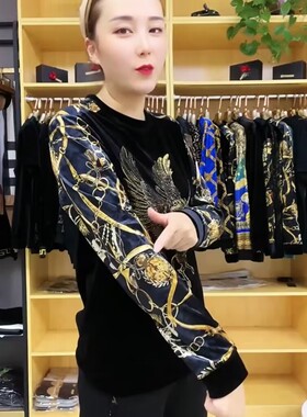 【现货】6238男士潮流春季欧货金丝绒t恤小衫打底衫烫钻上衣卫衣