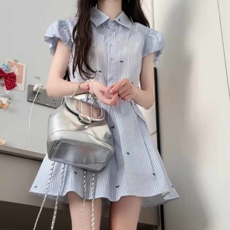 韩系穿搭夏季2025新款小个子蓝色条纹衬衫连衣裙子女气质收腰