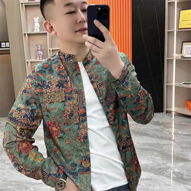 圆领衬衫长袖外套修身民族风衬衣