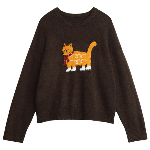 圆领卡通猫咪羊毛针织毛衣骆驼绒