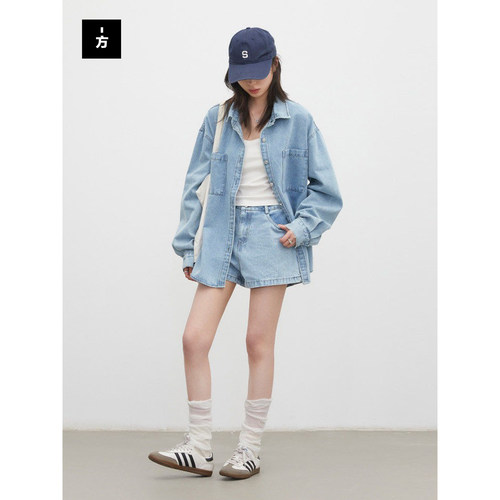 复古水洗做旧牛仔衬衫短裤套装女