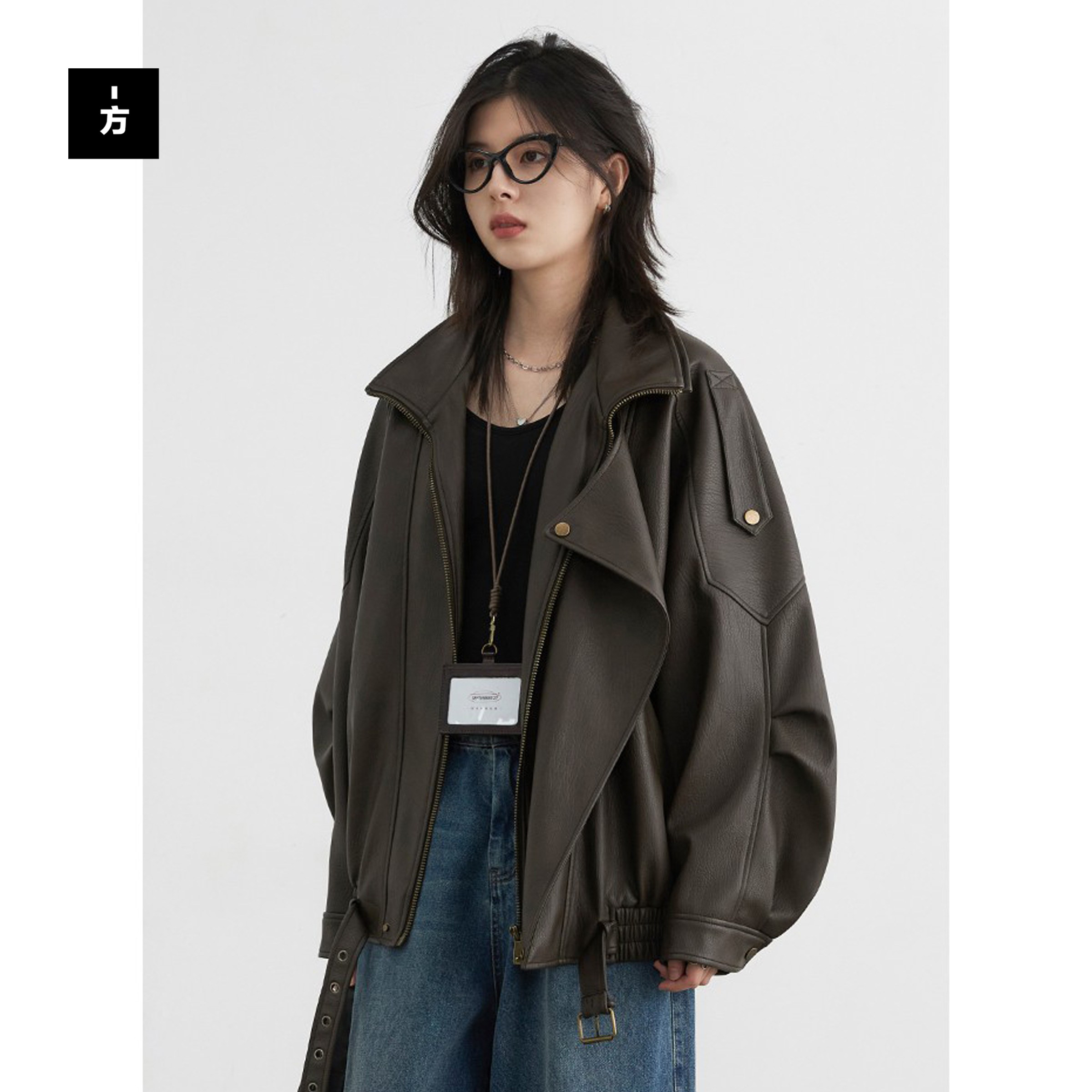 重工复古中性立领机车皮衣外套夹克上衣女2025秋