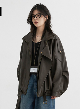 重工复古中性立领机车皮衣外套夹克上衣女2025秋