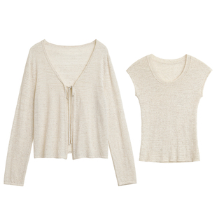 两件套秋女 针织衫 「怀旧学院」简约系带针织开衫 圆领短袖