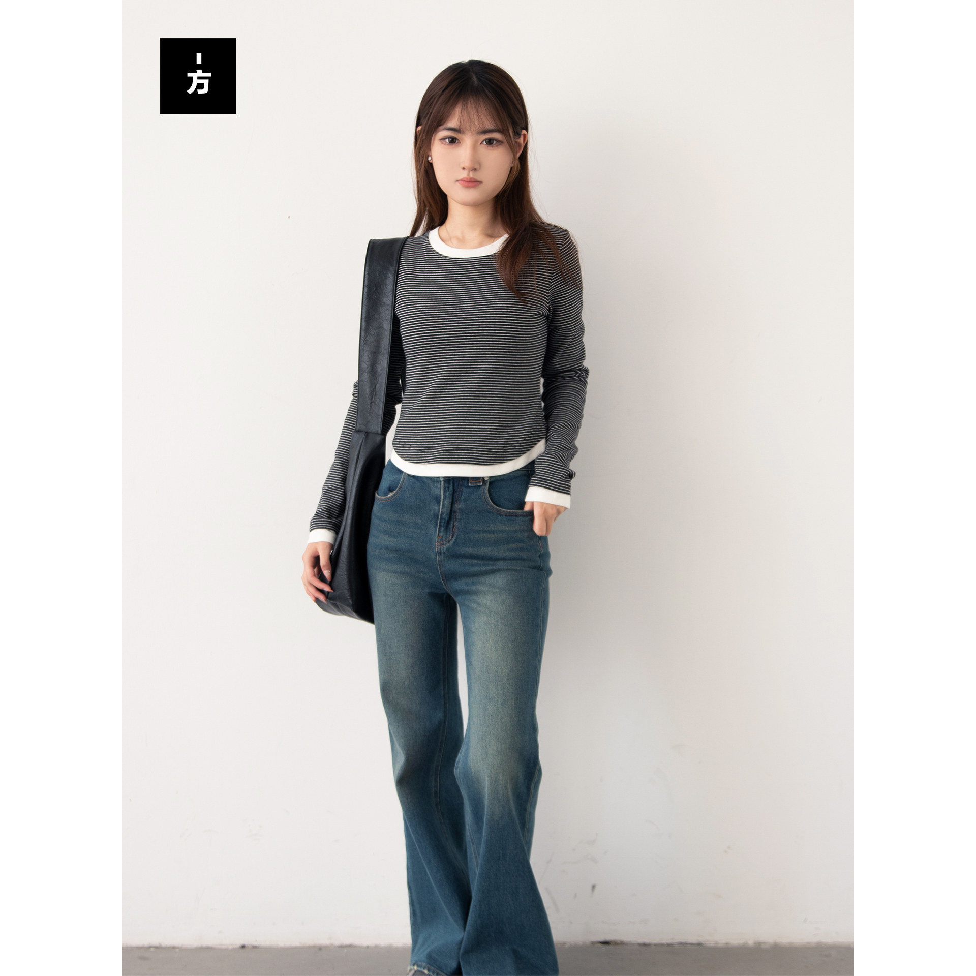 【一方服饰】假两件条纹长袖T恤女修身内搭打底衫高级感上衣,女装/女士精品,T恤,淘宝优惠券,粉丝福利购,淘宝优惠卷