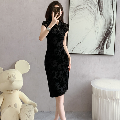 150矮个子新中式改良旗袍xs码植绒弹力修身显瘦包臀连衣裙小码xxs