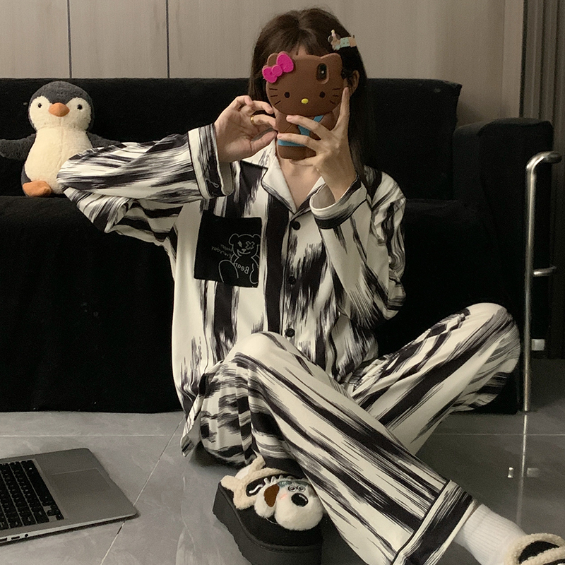 150cm小个子德绒水墨条小熊情侣加厚保暖睡衣情侣套装家居服xxs码