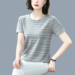 妈妈夏装洋气短袖上衣2026新款中老年妇女夏季宽松条纹T恤衫小衫