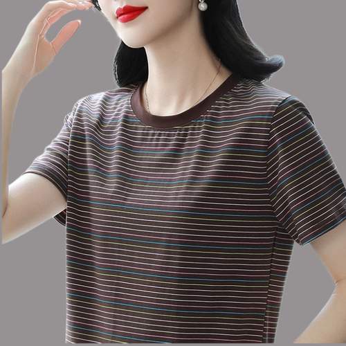 短袖t恤女2026夏季新款纯棉宽松大码女装胖mm洋气条纹圆领上衣服