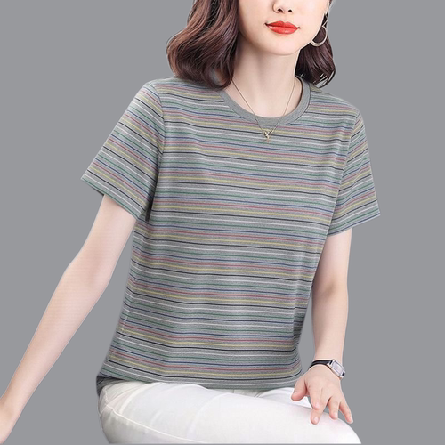 2026夏季新款条纹正肩纯棉短袖t恤女时尚百搭洋气减龄显瘦上衣潮