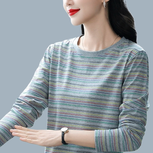 纯棉中年妈妈打底衫秋衣2026新款宽松大码遮肚子显瘦条纹长袖t恤