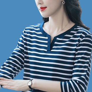 2026春装新款纯棉长袖正肩t恤女宽松大码打底衫中年妈妈条纹上衣