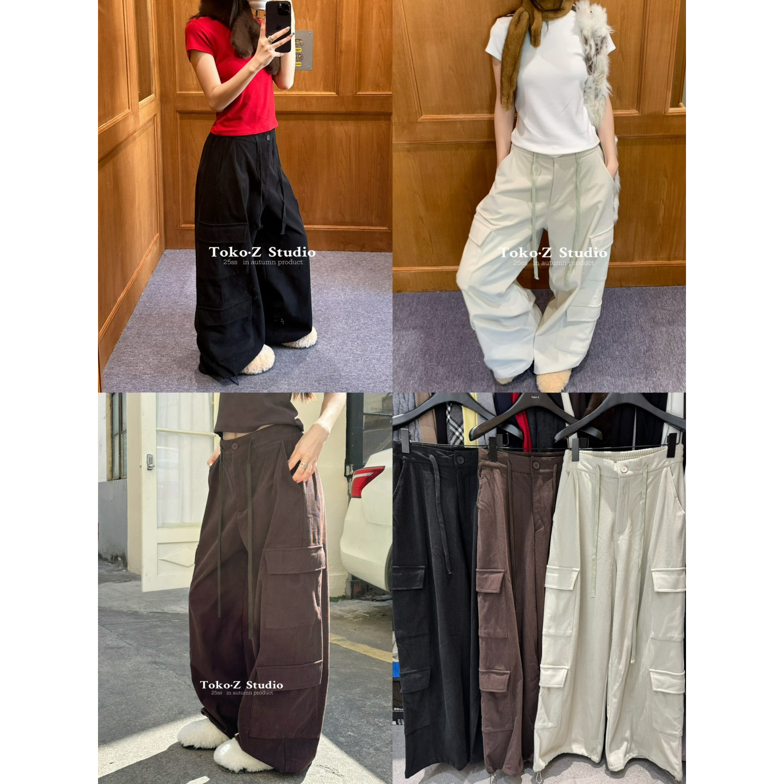 TOKO.Z冬季美式时髦多口袋设计工装休闲裤女百搭宽松系带阔腿裤子