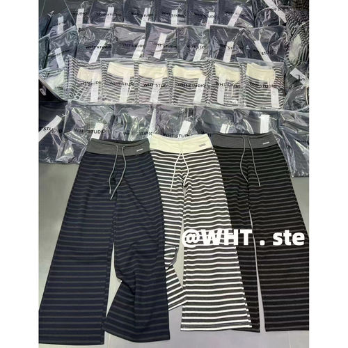 字母贴标条纹撞色高腰阔腿休闲裤