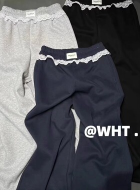 WH JIA冬季韩系拼接花边加绒阔腿休闲裤女百搭高腰厚款束脚长裤子