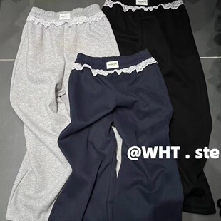 WH JIA冬季韩系拼接花边加绒阔腿休闲裤女百搭高腰厚款束脚长裤子
