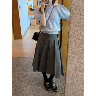 韩版重工压褶高腰百褶半身裙