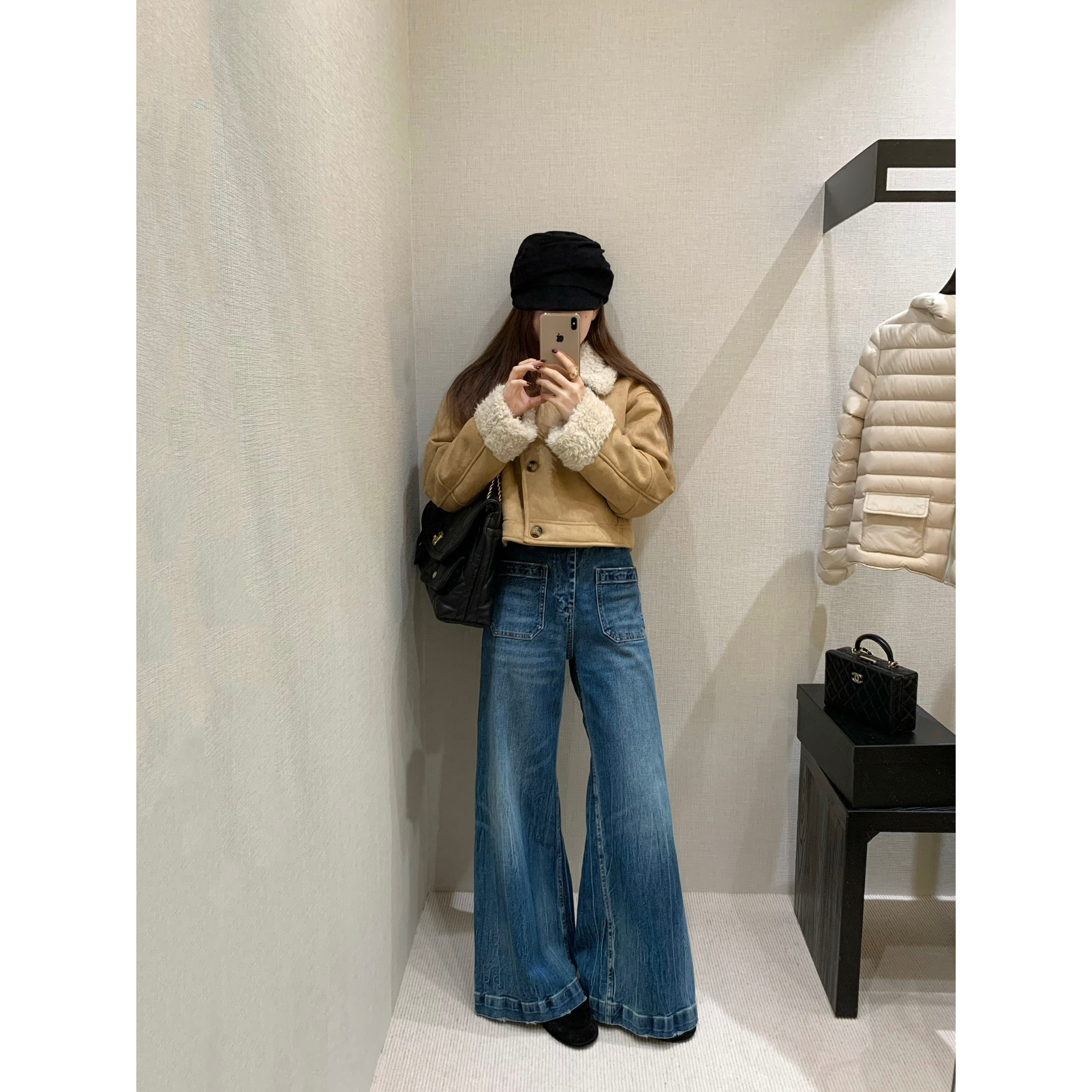 韩版高腰口袋加绒厚款阔腿牛仔裤