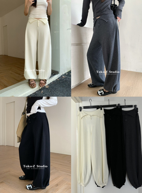 TOKO.Z冬季韩版高腰翻边纽扣针织束脚休闲裤女百搭垂感厚款长裤子