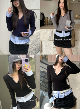 TOKO.Z冬季韩版拼接撞色螺纹v领长袖假三件针织衫女百搭小衫上衣