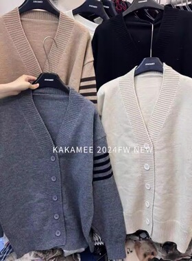 KAKAMEE秋季韩系拼色条纹长袖针织开衫慵懒百搭宽松毛衣外套女潮