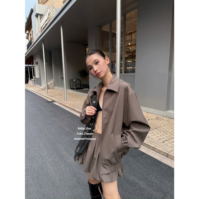 格纹长袖立领夹克外套+半身裙