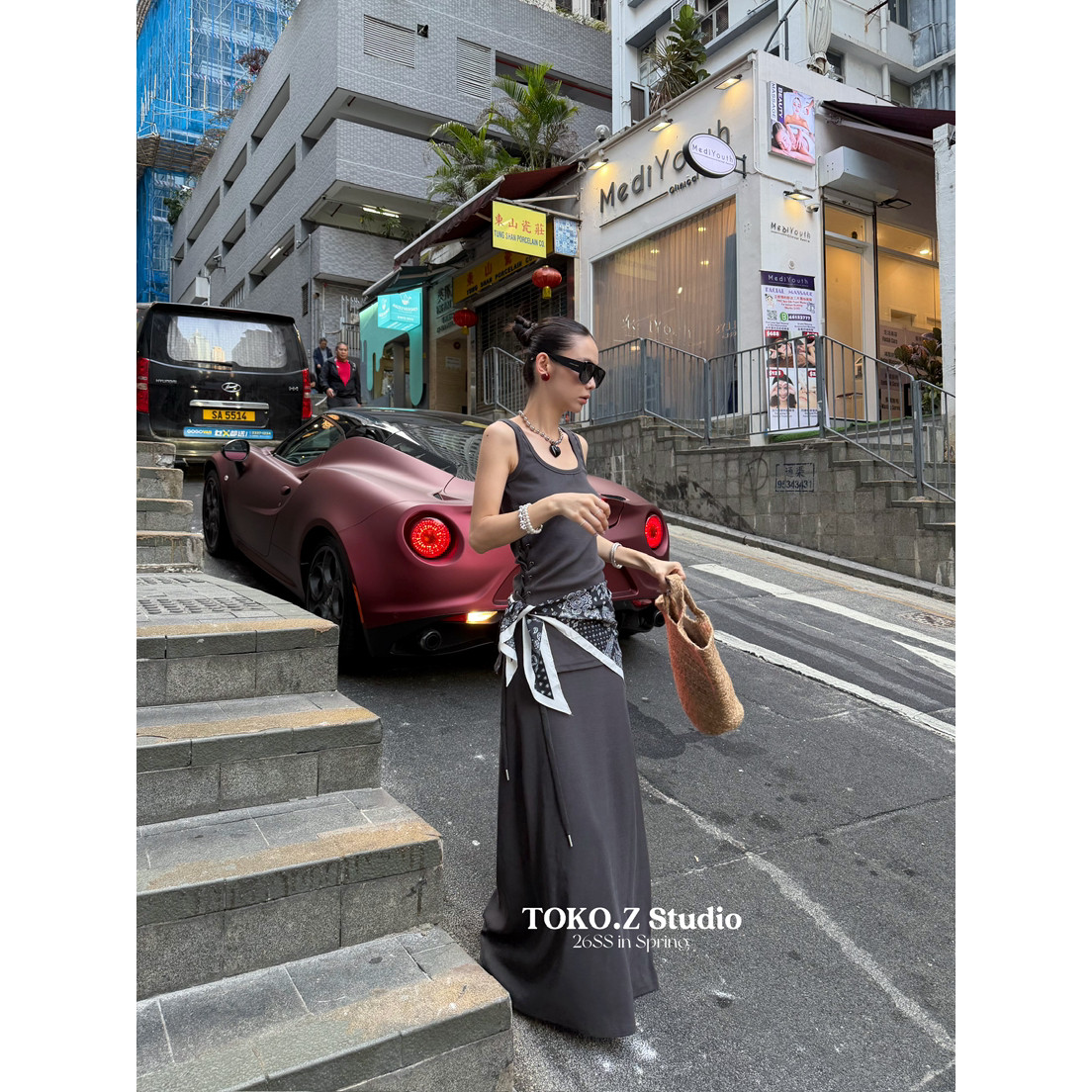 TOKO.Z夏时尚抽绳设计感工字吊带背心上衣+a字丝巾半身裙两件套装