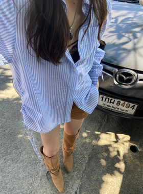 WH JIA早春韩系后背字母印花条纹长袖衬衫女百搭慵懒系带抽绳衬衣