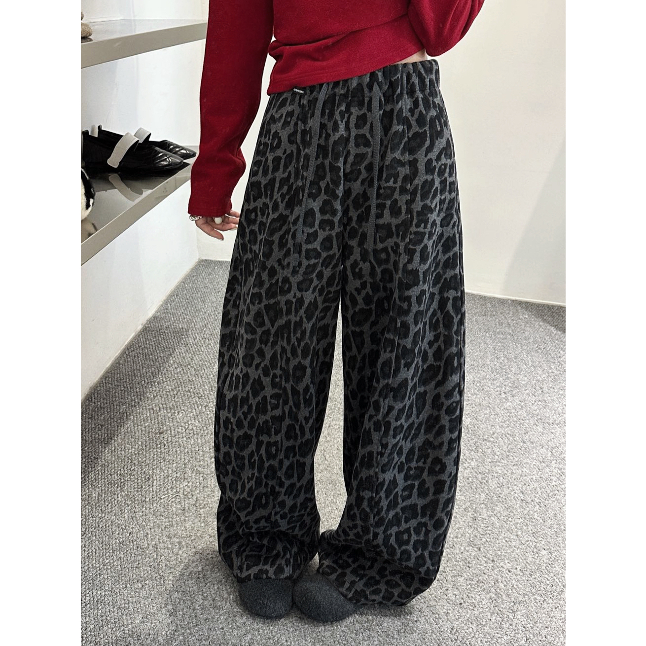 呢料磨绒厚款豹纹阔腿休闲裤