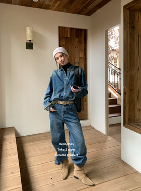 TOKO Z冬季美式潮流水洗复古晕染长袖牛仔衬衫女百搭宽松情侣开衫