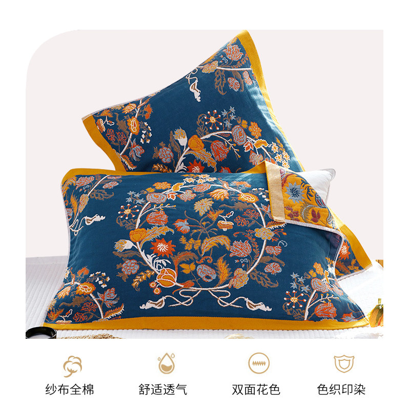 如奕纯棉纱布枕巾一对装高档全棉家用加大加厚成人情侣枕头盖巾