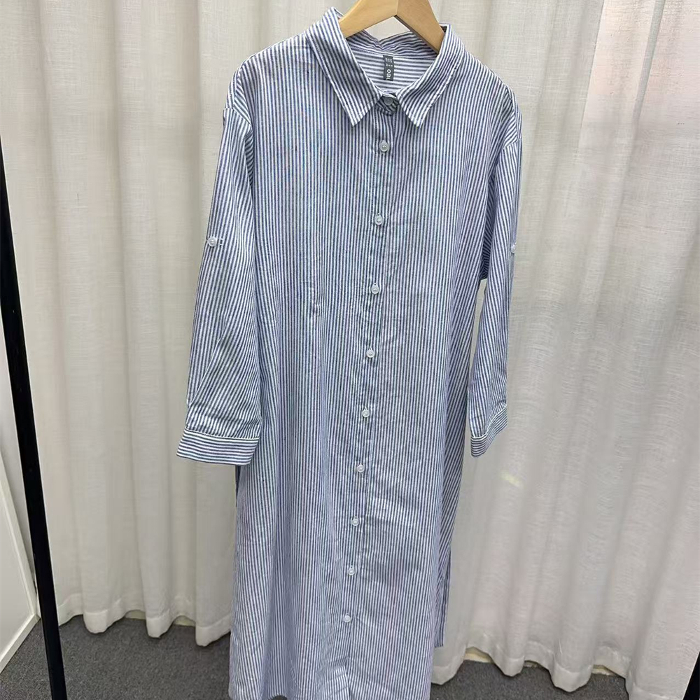 出欧美~女装秋装新品竖条纹拼色腰带收腰可卷袖棉麻女式连衣裙