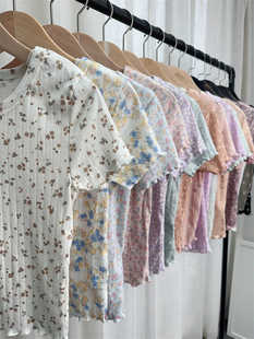 上衣女 针织木耳边T恤短袖 纯欲BM风 柔软舒适碎花圆领弹力修身